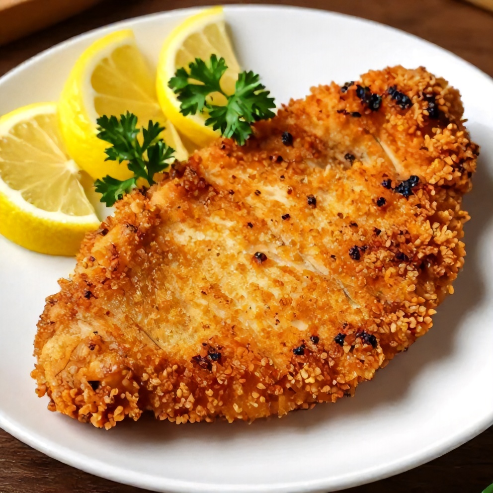 Plated air fryer chicken cutlets with lemon wedges