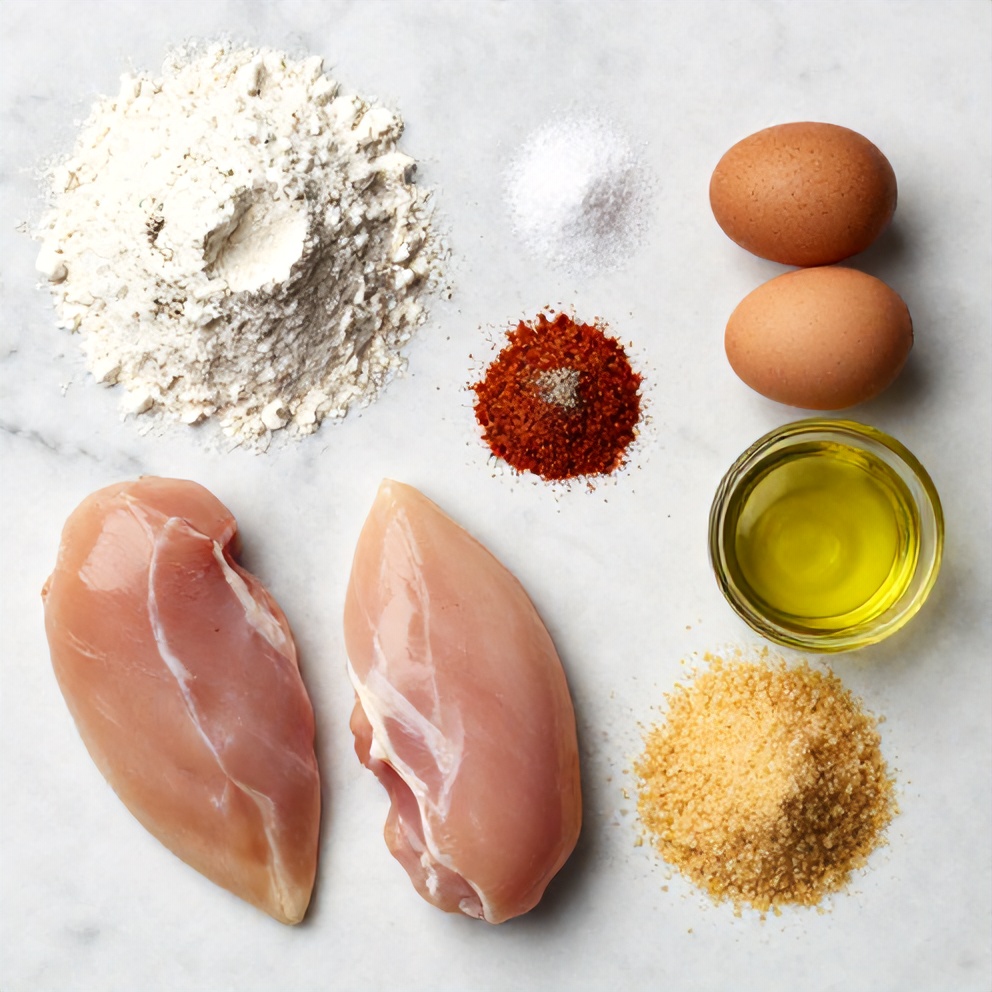 Raw ingredients for air fryer chicken cutlets on a marble surface