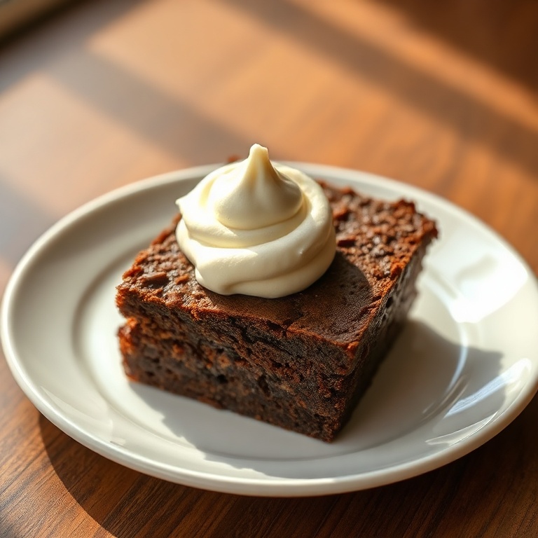 A single slice of chocolate espresso banana bread topped with a dollop of whipped cream, served on a white ceramic plate under warm side lighting.
