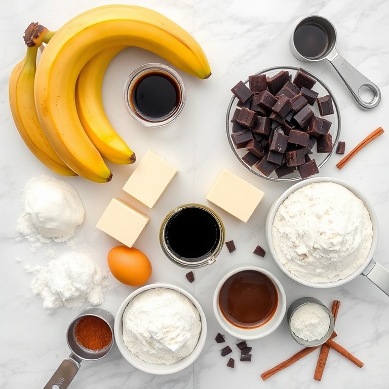 A flat lay of raw ingredients for chocolate espresso banana bread: ripe bananas, dark chocolate, espresso, flour, butter, sugar, eggs, baking soda, and cinnamon scattered on a white marble surface with measuring tools nearby.