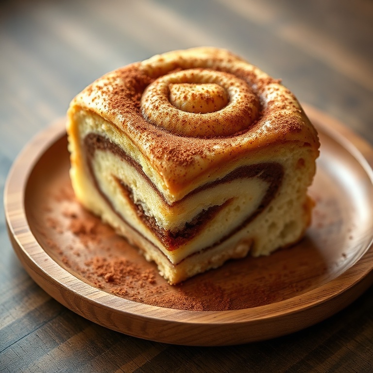 Cinnamon roll cake on a wooden plate with cinnamon sprinkle