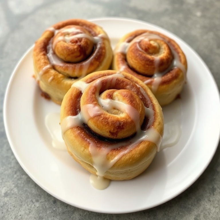 Cinnamon rolls on a white plate with a drizzle of icing. Crumbly crust and golden edges