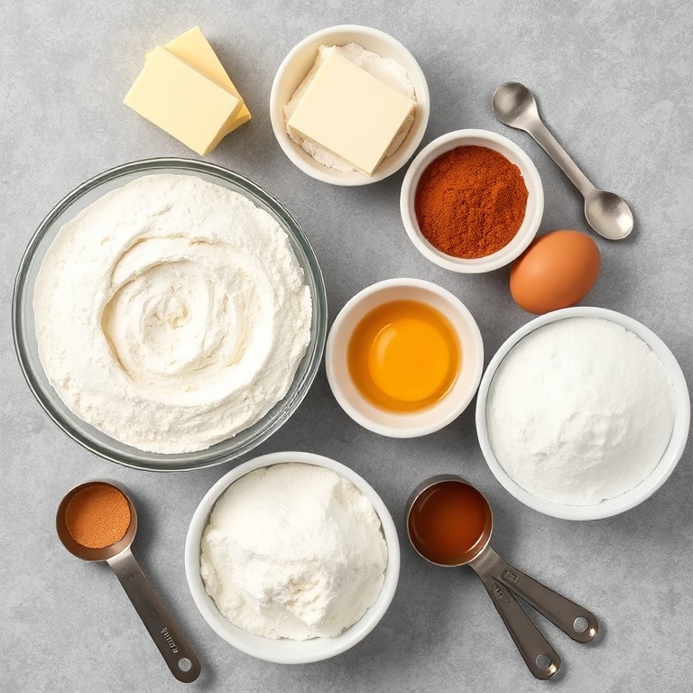 Fresh flour, butter, sugar, cinnamon, and eggs arranged in a flat lay. Measuring cups and spoons nearby