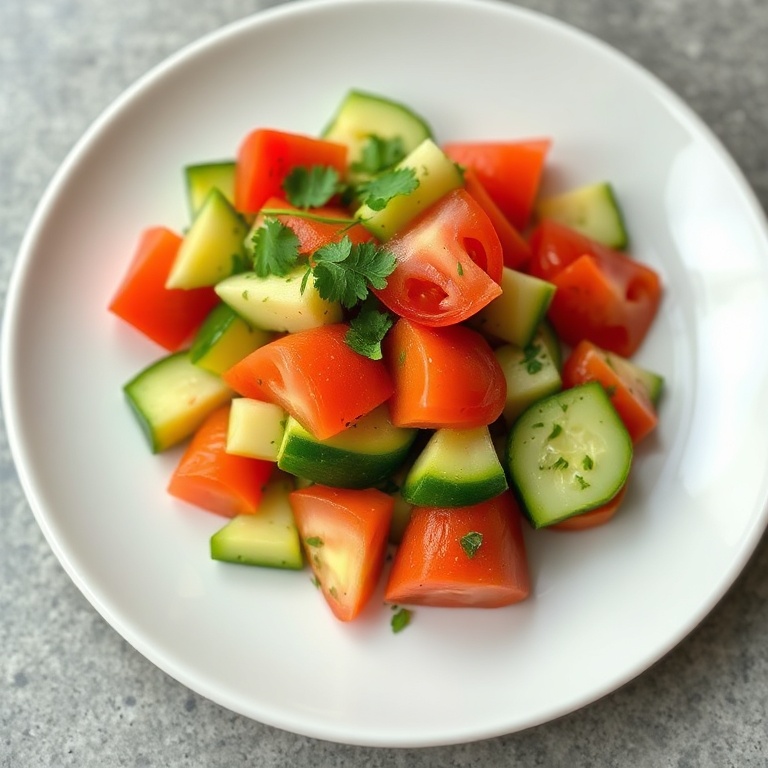 A perfectly plated avocado tomato cucumber salad with a sprinkle of cilantro. Served on a white ceramic plate with a slight side light for texture detail.