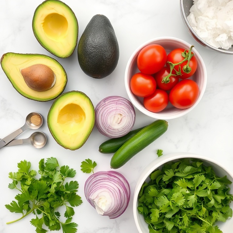 Fresh avocados, ripe tomatoes, crisp cucumbers, red onion, and fresh cilantro arranged in a flat lay. Measuring spoons and a mixing bowl nearby.
