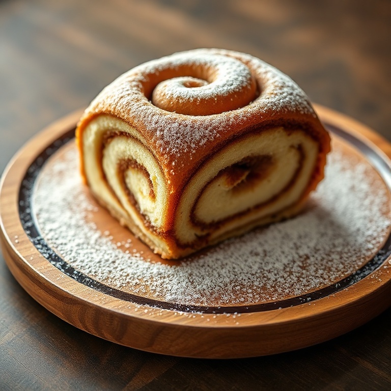 Cinnamon roll cake on a wooden plate with sugar dusting