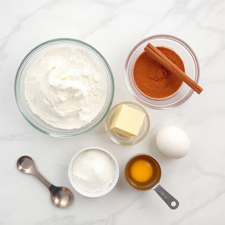 Flour, sugar, butter, cinnamon, and eggs arranged in an overhead flat lay