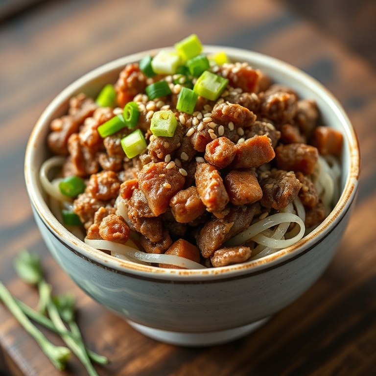 Serving of Korean Ground Beef Bowl with sesame seeds and green onions on top