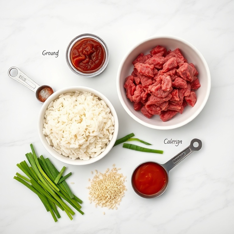 Raw ground beef, gochujang, rice, green onions, and sesame seeds arranged in a flat lay