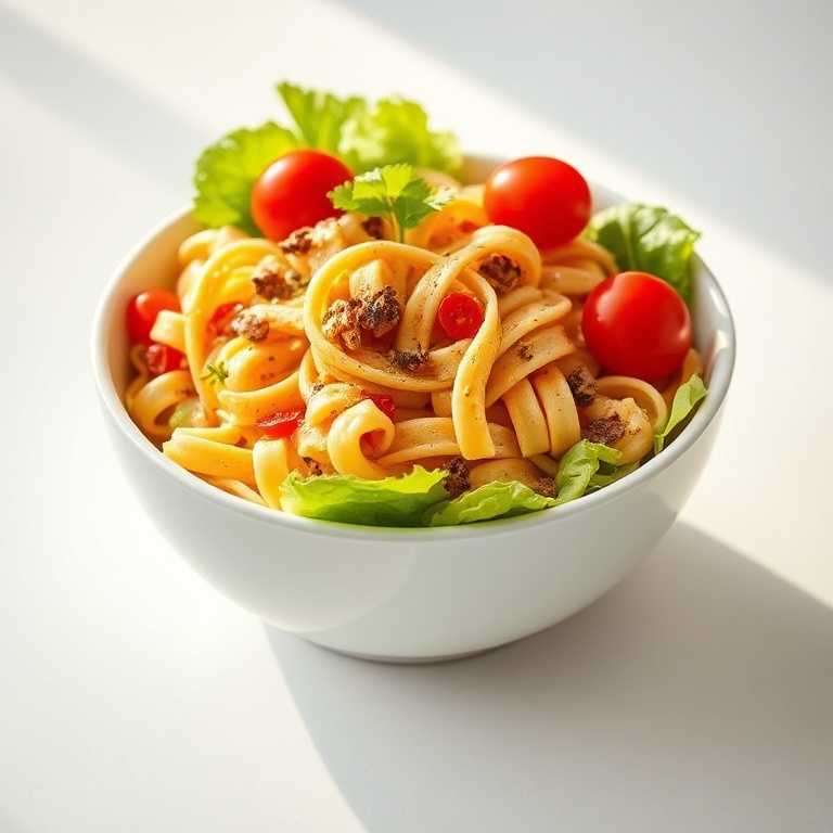 Big Mac Pasta Salad in a white bowl. Garnished with lettuce and cherry tomatoes. Warm side lighting showing texture. Clean white surface.