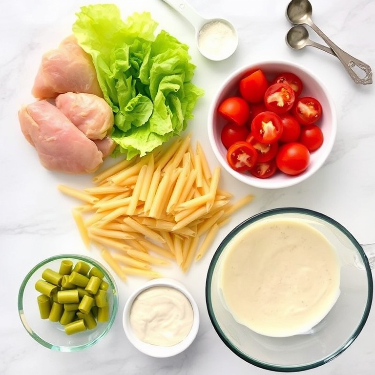 Raw ingredients for Big Mac Pasta Salad. Chicken tenders, penne pasta, lettuce, tomatoes, pickles, and Thousand Island dressing. Measuring spoons, bowls, and a mixing bowl visible. White marble surface. Bright even light.