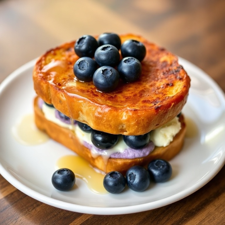 Perfectly plated Blueberry Cheesecake Stuffed French Toast. Topped with fresh blueberries and a drizzle of honey. Served on a white plate with warm lighting.