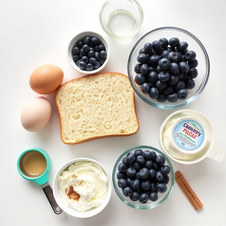 Fresh ingredients for Blueberry Cheesecake Stuffed French Toast: eggs, bread, cream cheese, blueberries, and cinnamon. Measuring tools and bowls visible. Bright light on white surface.