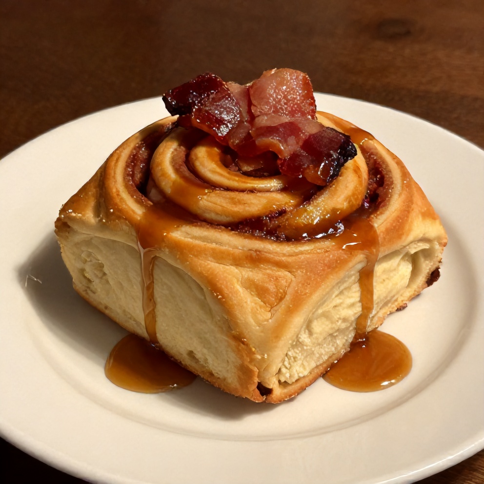 Plated Bourbon Maple Bacon Cinnamon Rolls with Candied Bacon