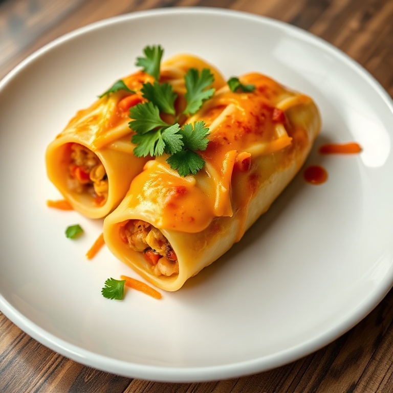 One perfect plated serving of cheesy taco stuffed pasta shells. Garnished with fresh cilantro. Close crop showing texture. White ceramic plate with warm side lighting. Photorealistic food photography style.