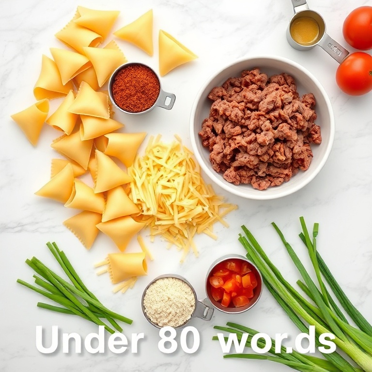 Overhead flat lay of pasta shells, ground beef, taco seasoning, cheese, tomatoes, and green onions. Measuring spoons and cups visible. White marble surface with bright even light. Photorealistic overhead food photography style.