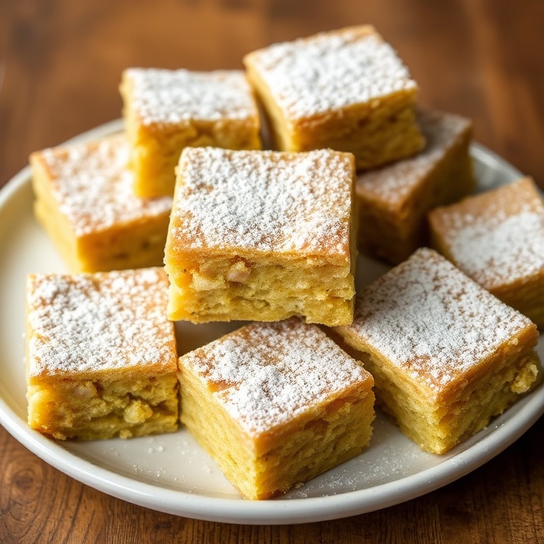 Perfectly plated pistachio blondies with a dusting of powdered sugar. Warm side lighting highlights the golden crust and soft inside.