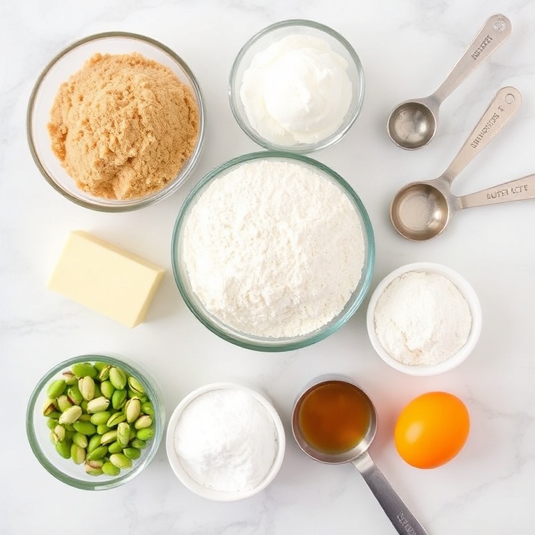 Raw ingredients for pistachio blondies: brown sugar, butter, flour, pistachios, vanilla extract, baking powder, salt, and eggs. Measuring cups and spoons nearby on a white marble surface.