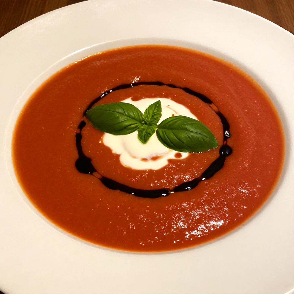 Chilled Roasted Tomato Basil Soup with Coconut Cream