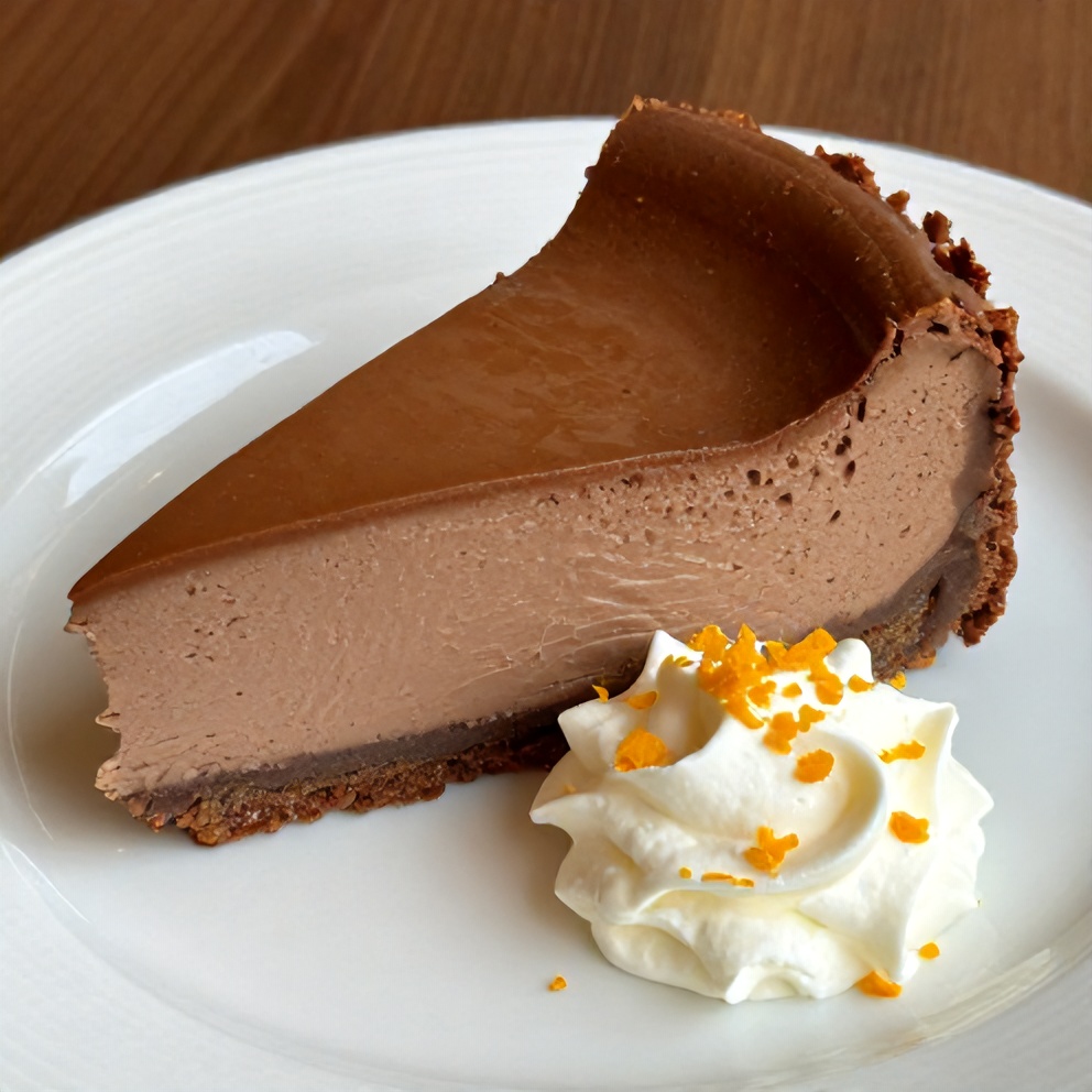 Sliced Chocolate Orange Cheesecake on a plate