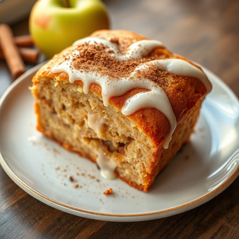 Perfectly plated serving of cinnamon apple bread. Topped with a light glaze and a cinnamon sprinkle. Close crop showing the golden crust and moist center. Warm side lighting highlights the texture. Photorealistic food photography. No text. No watermark.