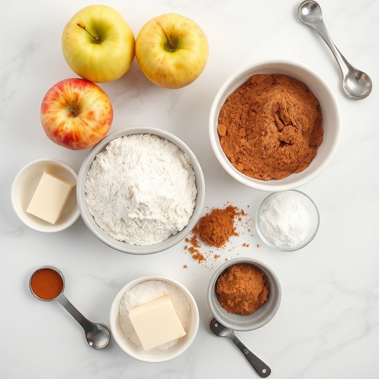 Overhead flat lay of the raw ingredients for cinnamon apple bread. Apples, flour, butter, cinnamon, and brown sugar are clearly visible. Prep bowls and measuring spoons nearby. Bright even light. White marble surface. Photorealistic food photography. No text. No watermark.