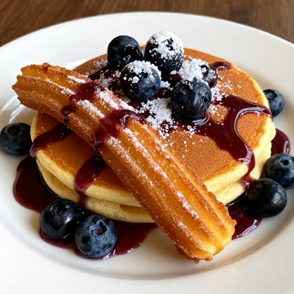 Cinnamon Sugar Churro Pancakes with Blueberry Syrup