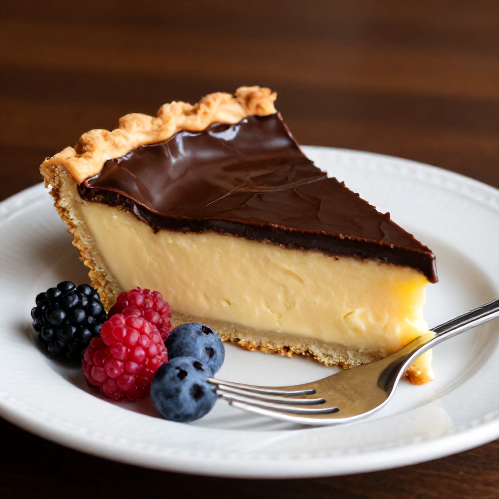 Boston Cream Pie slice on a plate with a fork