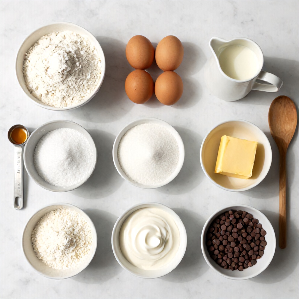 Ingredients for Boston Cream Pie on a marble surface