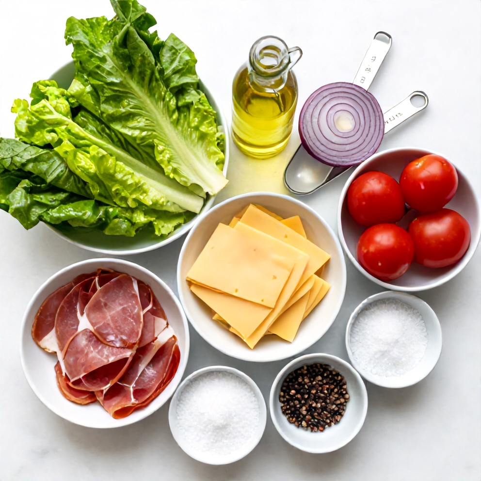 Raw ingredients for Classic Columbia 1905 Salad with Ham and Swiss Cheese
