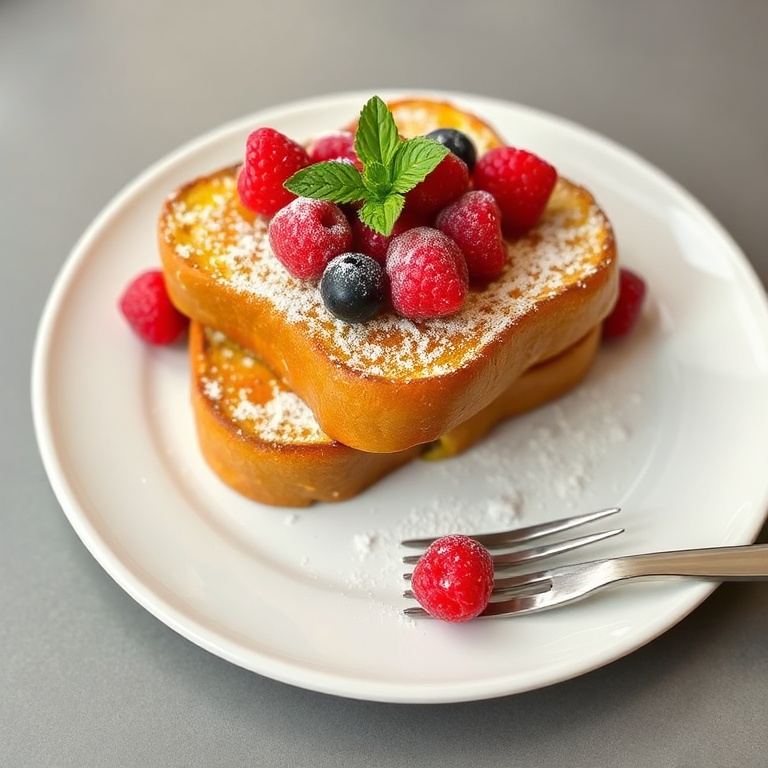 Single serving of golden French toast on a white round plate, topped with powdered sugar and fresh berries. A sprig of mint on top completes the look.