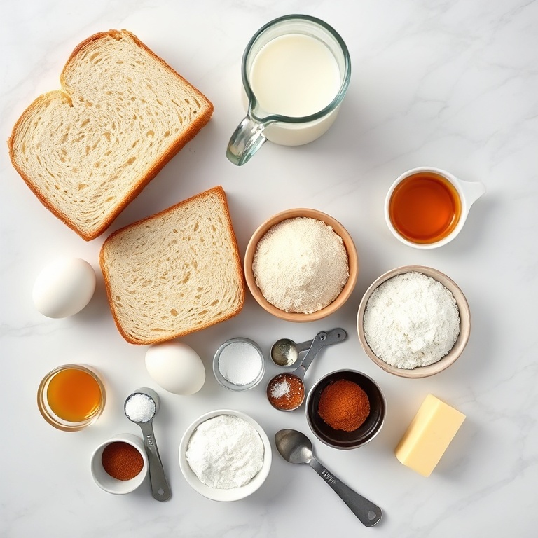 Overhead shot of eggs, thick bread slices, milk, vanilla extract, cinnamon, ground nutmeg on a bright marble background. Small bowls and measuring spoons scattered around.