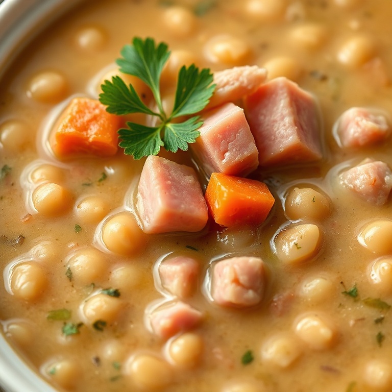 One cozy serving of classic ham and split pea soup, finished with parsley on a rustic white ceramic bowl, filling the frame, with visible ham pieces.