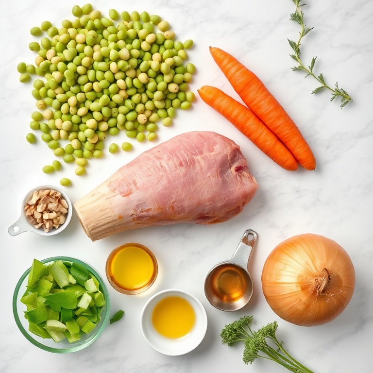 Overhead photo of split peas, ham bone, carrots, celery, yellow onion, garlic cloves, and dried bay leaves arranged on a light wood surface with prep bowls.