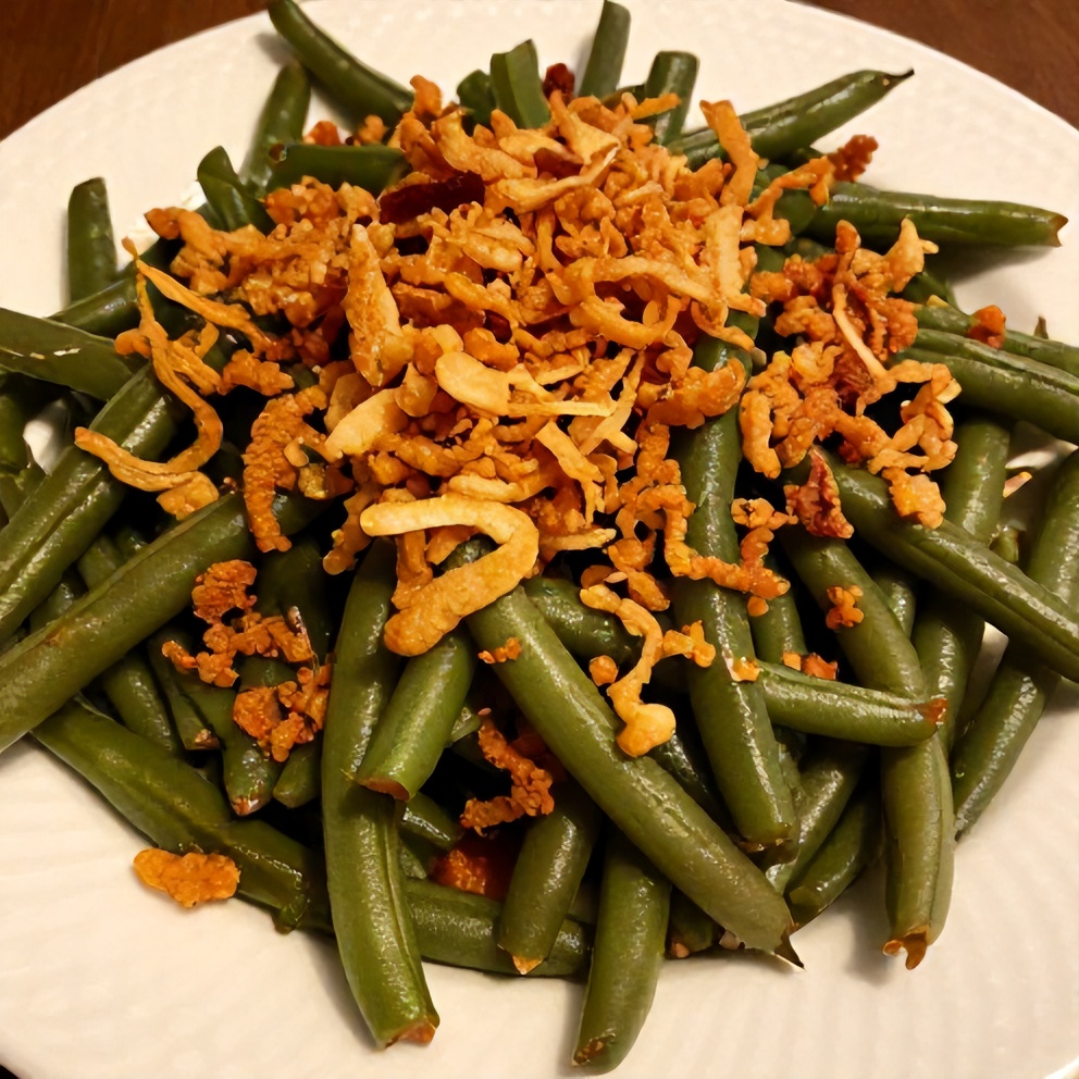 Plated green bean casserole with crispy onions