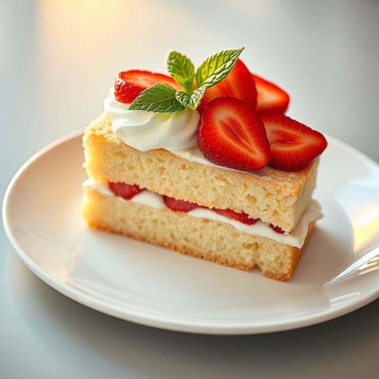 One plated slice of Japanese strawberry shortcake on a white dessert plate, garnished with fresh halved strawberries and mint sprig.