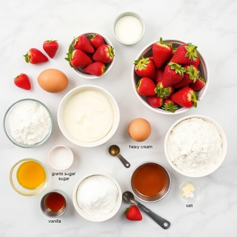 All ingredients for Japanese strawberry shortcake including strawberries, eggs, sugar, heavy cream, flour arranged with measuring cups on white marble.