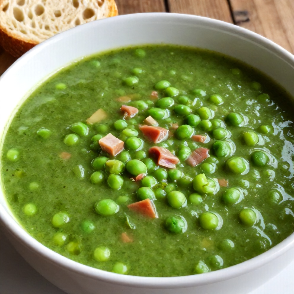Bowl of classic split pea soup with a side of crusty bread