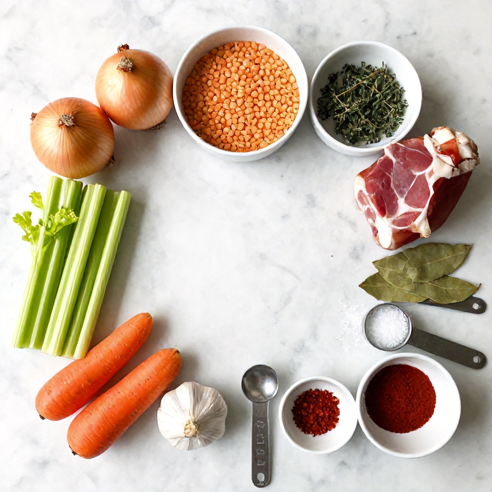 Split pea soup ingredients on a marble surface