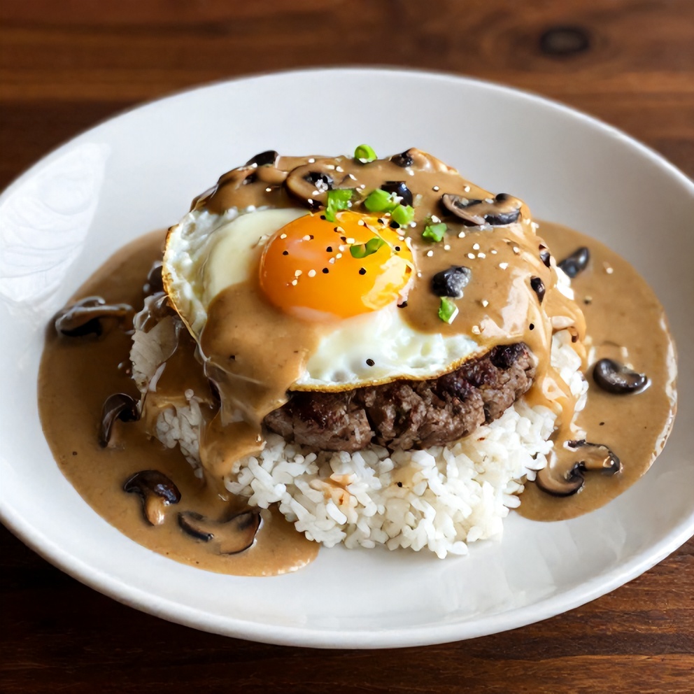 Hawaiian Loco Moco with Mushroom Gravy