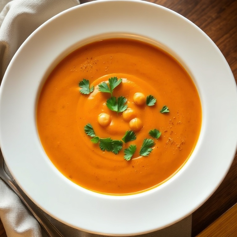 A perfectly plated bowl of Cozy Moroccan Sweet Potato Soup with chickpeas and a sprinkle of fresh cilantro. Warm side lighting highlights the creamy texture.