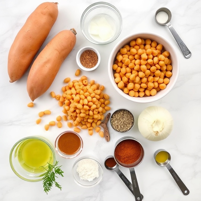 Raw ingredients for Cozy Moroccan Sweet Potato Soup: sweet potatoes, chickpeas, onion, garlic, spices, and olive oil arranged in a flat lay.