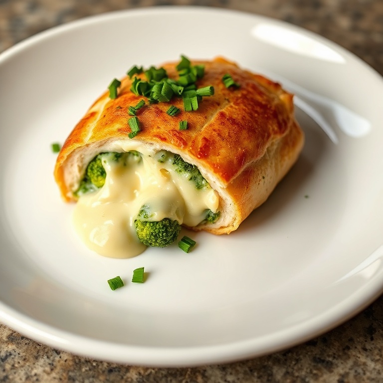 One perfect serving of cream cheese broccoli stuffed chicken breast garnished with parsley on a simple white plate, warm lighting highlights creamy filling.