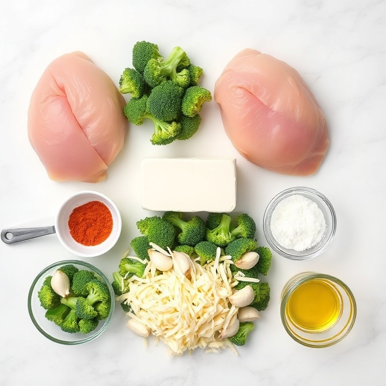 Overhead view of raw chicken breasts, fresh broccoli florets, cream cheese block, shredded mozzarella, and garlic, in prep bowls on a marble surface.