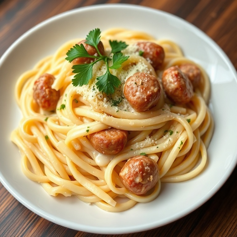 Perfectly plated Creamy Alfredo Pasta with Italian Sausage. Topped with fresh parsley and a sprinkle of Parmesan. Warm side lighting highlights texture.