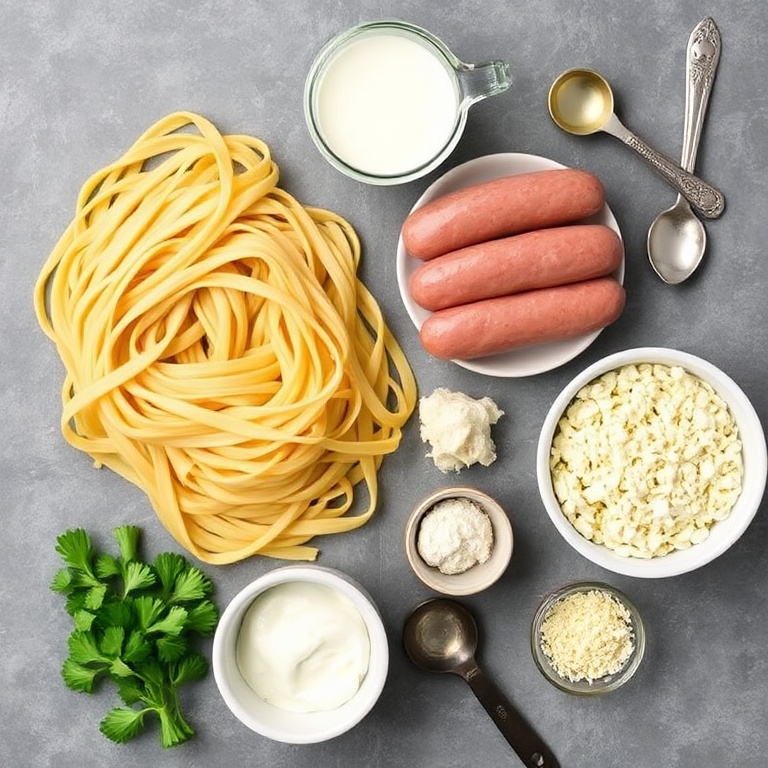 Raw ingredients for Creamy Alfredo Pasta with Italian Sausage. Chicken sausage, fettuccine, heavy cream, garlic, and Parmesan cheese. Measuring cups and spoons nearby.