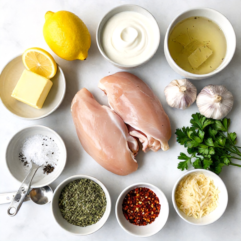 Raw ingredients for Lemon Butter Chicken on a marble surface