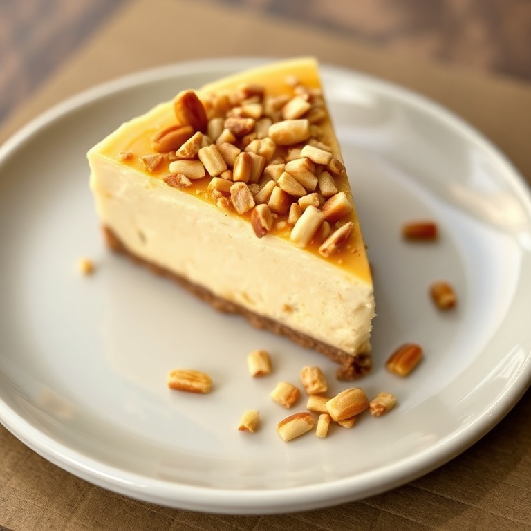 A perfectly plated slice of creamy banana caramel nut cheesecake. A sprinkle of chopped nuts covers the top. The plate is simple and complements the dish's appearance.
