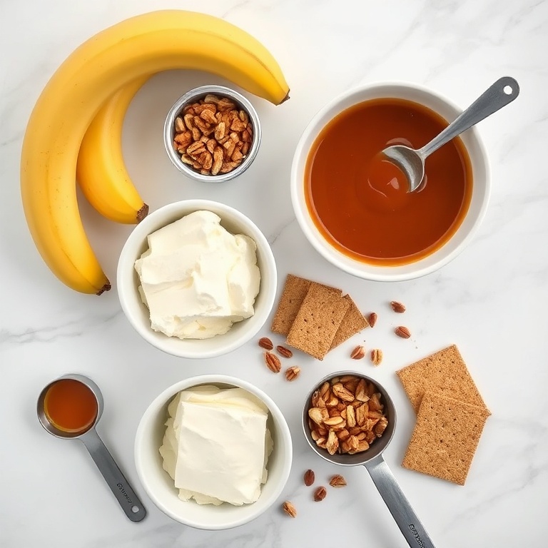 All raw ingredients for a creamy banana caramel nut cheesecake arranged as an overhead flat lay. Bananas, cream cheese, caramel sauce, nuts, and graham crackers are clearly visible. Measuring cups and spoons add context to the preparation.