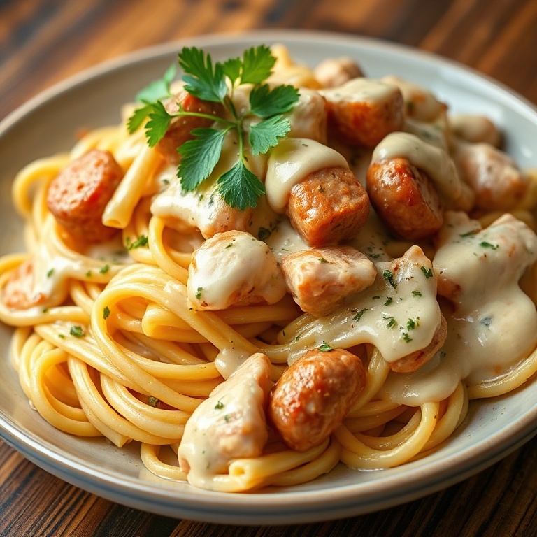 A heaping plate of pasta with chicken, sausage, and a generous drizzle of creamy sauce. Topped with fresh parsley.